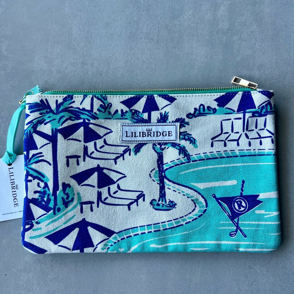 Lilibridge Blue and White Beach Scene Pouch clutch purse handbag cosmetics swim